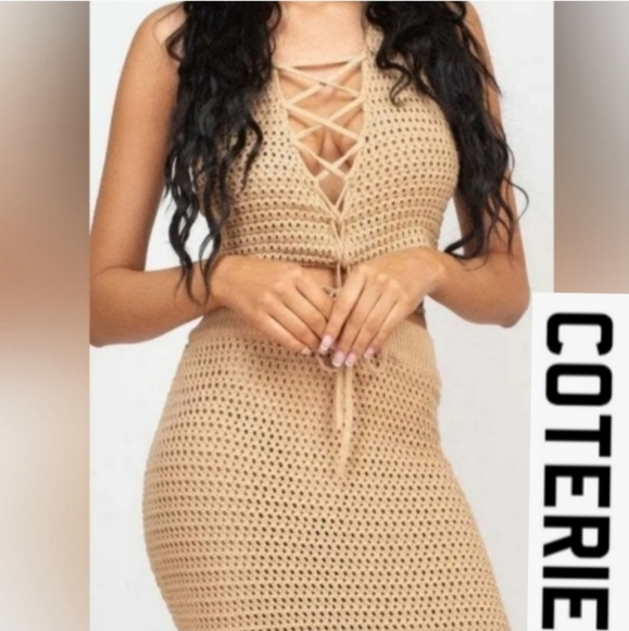 Coterie by ash Crochet Crop Top & Matching Skirt Sand Tan Size Small NWOT - Picture 2 of 15